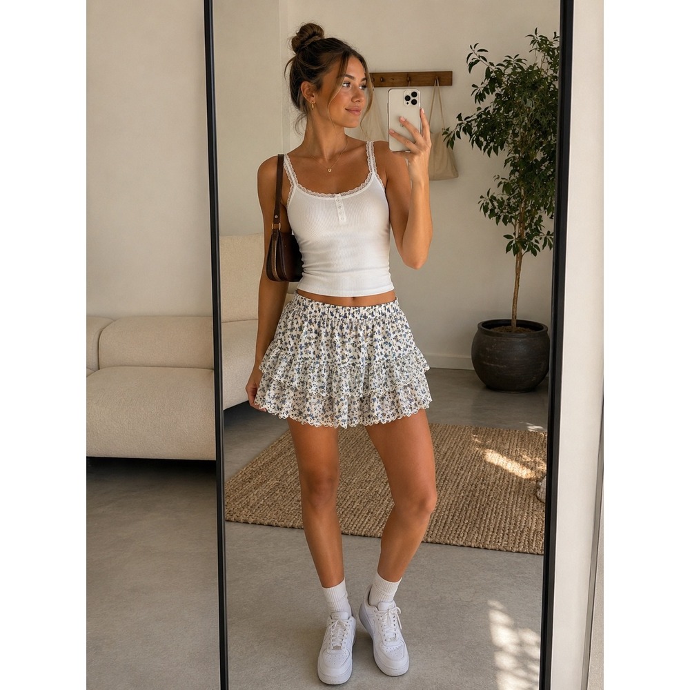 Jennifer Grace Floral Tiered Eyelet Lace‎ Mini Skirt Blue White Cotton Small